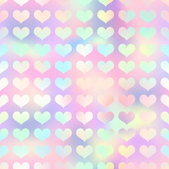 Shiny holographic hearts seamless pattern. Vector iridescent heart print on rainbow gradient background. Magic romantic Valentines Day backdrop texture for decoration, greeting, wedding design