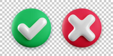 Vector 3d checkmarks icon set. Round glossy yes tick and no cross buttons on transparent background. Check mark and X symbol in green and red circle realistic 3d render. Right and wrong sign set - obrazy, fototapety, plakaty