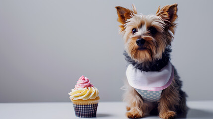 a small dog wearing a bib sitting next to a cupcake
