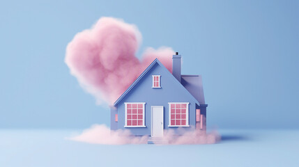 Whimsical 3D Blue House with Pink Heart Smoke: Adorable Home Model in a Fantasy Setting