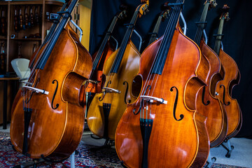 closeup of row of double basses resting against dark background