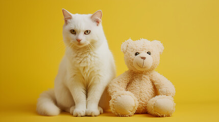 A white cat sitting next to a teddy bear, Isolated on a yellow background, copy space for text
