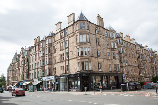 Tall buildings and shops on Bruntfield Avenue and Bruntfield Place, Edinburgh in Scotland