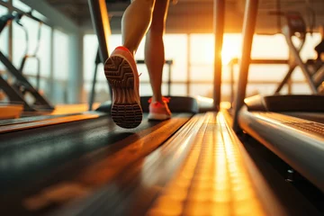 Papier Peint photo autocollant Fitness Active running workout of a woman in a fitness center. Close-up of legs in sneakers, girl athlete doing sports on a treadmill.
