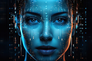 Experience a cybernetic interface with an AI-powered holographic face, featuring advanced pixel graphics, perfect for modern tech and science projects.