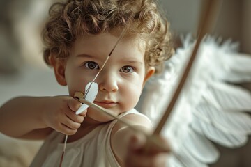 A little boy Cupid with wings aims an arrow of love from a bow. Funny child looking like an angel . - obrazy, fototapety, plakaty