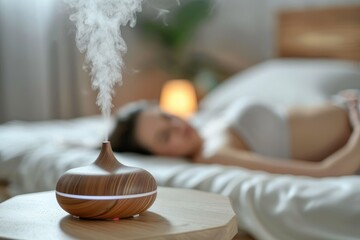 Fototapeta na wymiar Woman sleeping, relaxing in a room with automatic aroma oil diffuser on a table. A cloud of steam over an electric aroma lamp in a spa center.