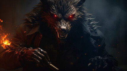 Evil werewolf hunter with red eyes