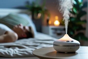 Man sleeping, relaxing in a room with automatic aroma oil diffuser on a table. A cloud of steam over an electric aroma lamp in a spa center.