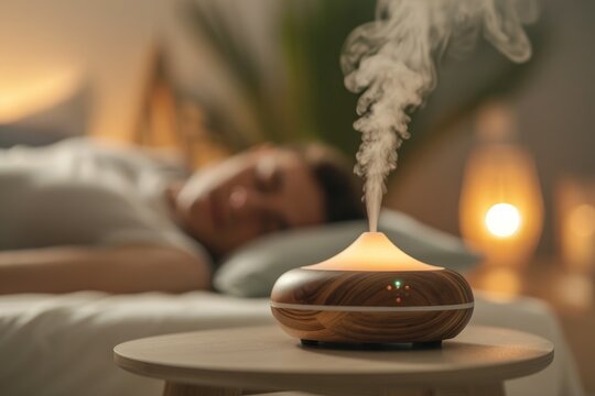 Man sleeping, relaxing in a room with automatic aroma oil diffuser on a table. A cloud of steam over an electric aroma lamp in a spa center.