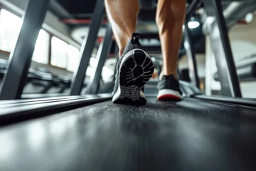 Gartenposter Close-up of feet in sneakers, man athlete working out on a treadmill. Active running workout of a male athlete in a fitness center. © photolas