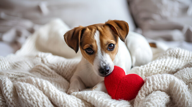 Adorable puppy Jack Russell Terrier with red heart on a white blanket, Valentine Day concept