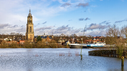 High water level in river Lower Rhine along city of Rhenen in Utrecht province in The Netherlands
