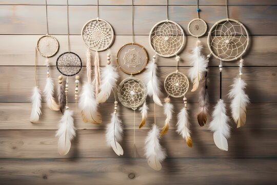 A cluster of dreamcatchers and soft feathers on a textured wooden backdrop, capturing a bohemian spirit. Minimal background. Flat lay, top view, copy space.