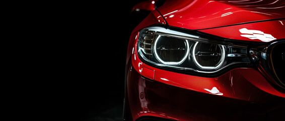 Closeup on headlight of a generic and unbranded red car on a black background - Powered by Adobe