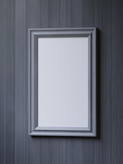 Empty gray wooden frame on black wooden wall, 3d wooden frame, 3d render picture frame
