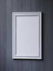 Empty white wooden frame on black wooden wall, 3d wooden frame, 3d render picture frame