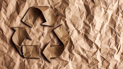 Recycle Symbol from Crumpled Paper on Brown Background

