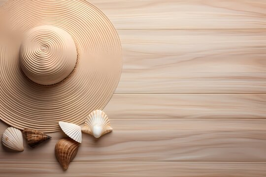 A cluster of seashells and a beach hat on a textured wooden background, invoking the serenity of coastal living. Minimal background. Flat lay, top view, copy space.
