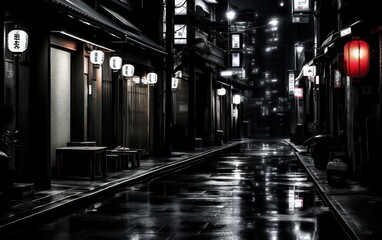 Japan night alley black and white color, offering a captivating and immersive urban experience.