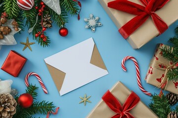 Fototapeta na wymiar Christmas Fashion Mockup with Envelope and Gift Box