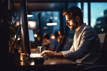Side view of young businessman working on computer at night in office, Concentration entrepreneur using PC technology in the office, AI Generated