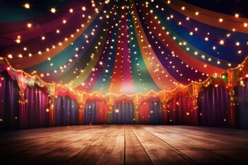 Circus stage with lights and wooden floor. Vector illustration. Eps 10, Colorful multi colored circus tent background and twinkling lights, AI Generated
