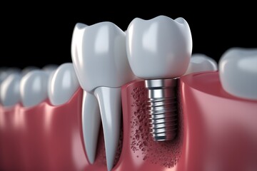 3d render of teeth with dental implant over black background. Dental concept, concept of healthy teeth medically accurate image demonstrating the placement of white crown dental implant, AI Generated