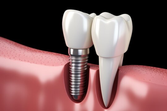 3d render of teeth with dental implant. Medically accurate tooth 3D illustration, concept of healthy teeth medically accurate image demonstrating the placement of white crown dental, AI Generated