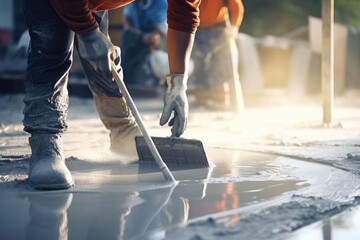Worker leveling concrete floor with shovel at construction site, closeup, Construction worker use screed concrete epoxy for level mixture of cement floors, AI Generated