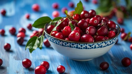 Cranberry Crop in Bowl on Blue Wooden Table

