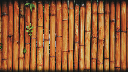 Brown bamboo with leaves, natural wall panel, abstract  wood background and texture. patterns, quoit, old, ancient, rotted, obsolete weathered cracked, space for work, vintage wallpaper, close up.
