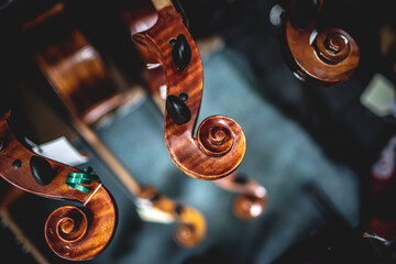 closeup of violin neck, pegbox and scroll detail view