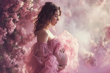a pregnant woman wearing pink dress under background of pink