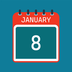 8 January Calendar. Blue Background. Vector Calendar.