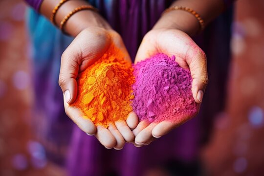 Indian woman holding colorful holi powder in her hands, closeup, Colorful Holi powder in hands, Indian festival Holi background, AI Generated