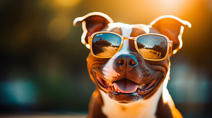 Funny dog in sunglasses outdoor