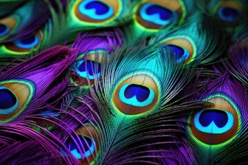 Beautiful peacock feathers close up. Colorful peacock feathers background, Colorful peacock feathers against a vibrant background, Close-up, AI Generated