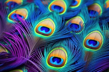 Colorful peacock feathers background. Close up of peacock feathers, Colorful peacock feathers against a vibrant background, Close-up, AI Generated