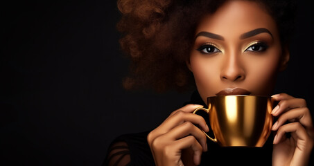 Closeup portrait of beautiful african-americam woman with golden makeup, holding golden cup of tea or coffee, on dark background with copy-space