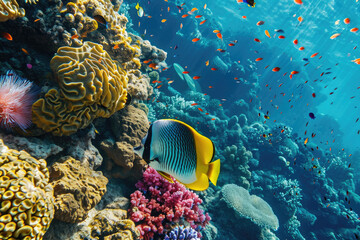 colorful fishes swimming among coral reefs