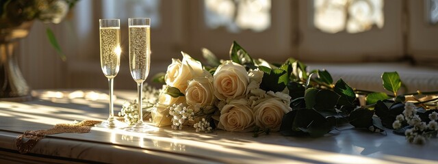 bouquet of white roses and glasses of champagne