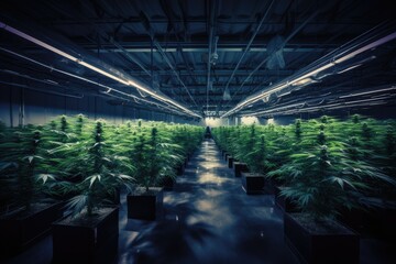 Rows of marijuana plants growing in a greenhouse with neon lights, AI Generated - obrazy, fototapety, plakaty