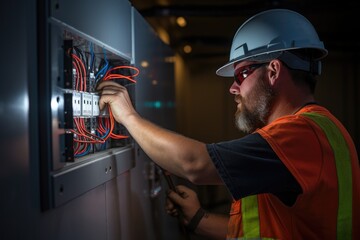 Portrait of electrician working on electrical panel in a server room, Commercial electrician working on a fuse box, AI Generated