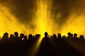 silhouette of crowd in front of stage lights at a music festival, Concert crowd shadows against vibrant yellow stage lights, AI Generated
