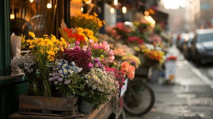 Fototapeta na wymiar Rain-Kissed Flower Display on Urban Road. Raindrops freshen up a roadside flower display in a city environment.