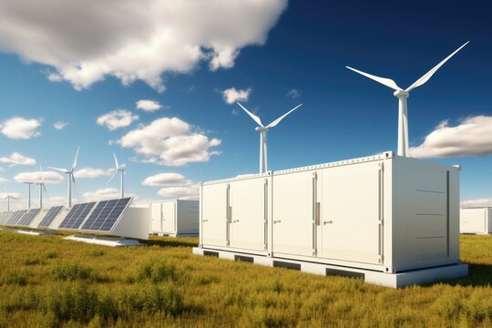 solar energy panels and wind turbines in the field - 3d rendering, Conceptual image of a modern battery energy storage system with wind turbines and solar, AI Generated