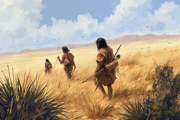 Neolithic Hunter-Gatherers in Search of Food  - obrazy, fototapety, plakaty