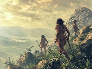 Neolithic Hunter-Gatherers in Search of Food  - obrazy, fototapety, plakaty