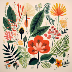 Botanical poster with vibrant leaves, plants and flowers